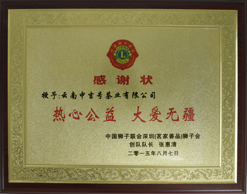 2015年深圳獅子會授予“熱心公益，大愛無疆”